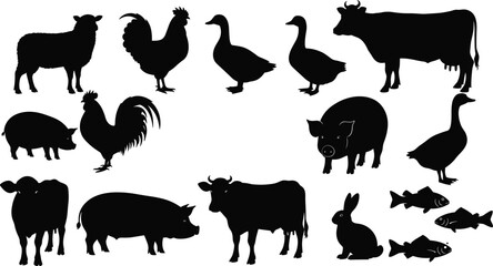 Farm animal silhouette set, black livestock shapes, cow, pig, sheep, rooster, duck, rabbit, fish, white background, barnyard icons