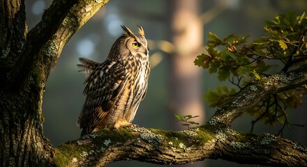 Obraz premium Eurasian eagle owl perched on mossy tree branch in a forest setting