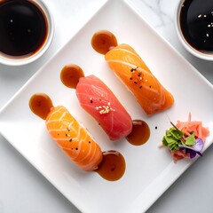Colorful sushi platter with three nigiri pieces