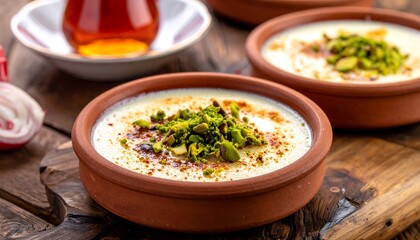 Creamy dessert with pistachios on a rustic wooden table