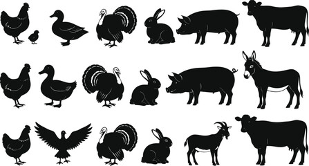 Farm animal silhouettes, livestock illustration set, black animal shapes, chickens, pigs, cows, goats, rabbits, ducks, turkeys, birds, donkeys
