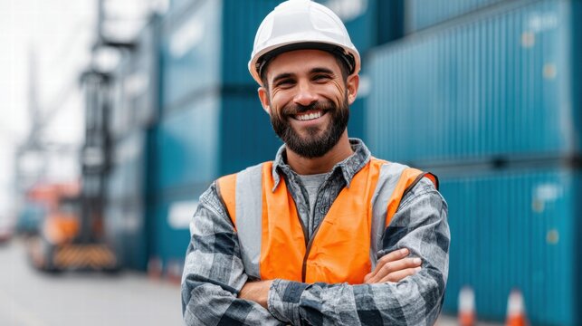 Smiling worker in a safety vest and hard hat at a shipping port. - Powered by Adobe