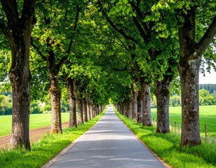 Obraz premium A tree-lined road through fields