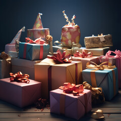 A collection of beautifully wrapped gift boxes with colorful ribbons and bows, set against a dark background, creating a festive and celebratory atmosphere.
