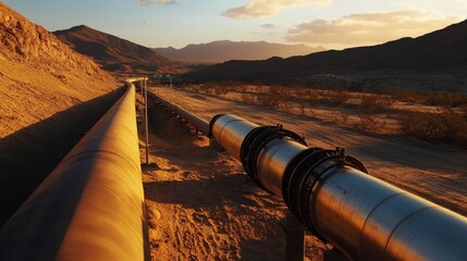 Pipelines transporting resources across desert landscape industrial infrastructure sunset environment aerial viewpoint energy concept
