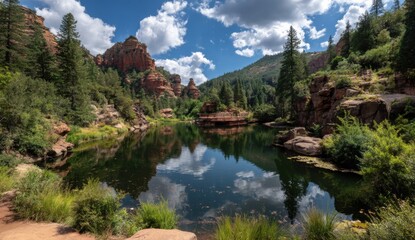 Tranquil mountain lake reflecting a partly cloudy sky