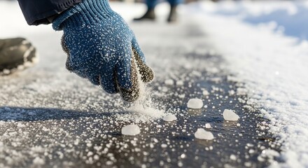 к
worker spreading salt on icy ground to prevent slipping. Close-up of gloved hand releasing salt granules on a snowy, icy surface. Winter road safety concept with protective gloves and boots.