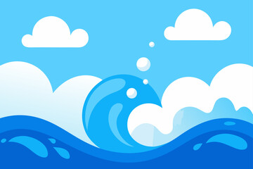 Cartoon wave scene with clouds and bubbles
