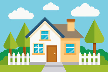 Illustration of a house with trees clouds