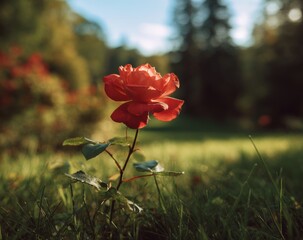 A single vibrant orange-red rose in a grassy garden