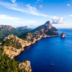 Obraz premium Coastal cliffs meet a sapphire sea. Rocky peaks and lush vegetation. Scenic view of a Mediterranean landscape