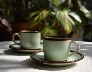 Two light teal coffee cups and saucers on a table, surrounded by greenery