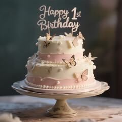 A two-tiered cake with butterflies and pearls, topped with "Happy 1st Birthday" text, sits elegantly on a decorative stand, creating a whimsical and celebratory atmosphere.