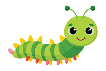 Adorable green cartoon caterpillar with big eyes and a smiling face is on display
