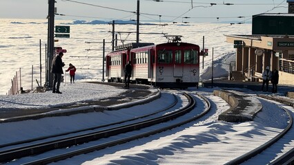 Rigi-Kulm, Switzerland - November 29, 2024: Vitznau-Rigi mountain railway at the Rigi-Kulm terminus...