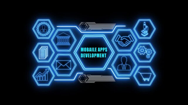 Abstract neon Hud knowledge ability business gear icon Glowing neon line concept. Glowing mobile apps development  button in German on a futuristic, abstract wave technology on black background.