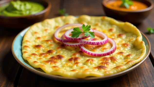 Sliced onion uttapam on a plate with green coconut chutney and sambhar sauce, coconut, uttapam