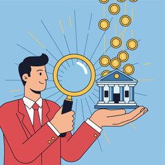 gemini-2_5-flash-image-preview_A_stylized__flat_illustration_depicting_a_businessman_in_a_red_suit_and_tie_examining_a_small_bank_b-0_d269a17c-8617-4c4b-bbea-f8beb7b966a2_traced