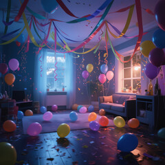 A festive room filled with colorful balloons and streamers, illuminated by soft lighting from a window, creating a joyful and celebratory atmosphere.