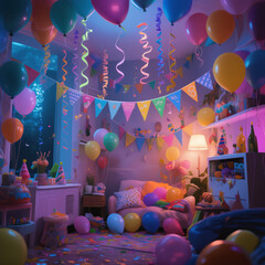A vibrant room filled with colorful balloons, streamers, and party decorations, creating a festive and joyful atmosphere, illuminated by soft, warm lighting.