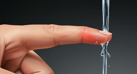 Burning fingertip under cool running water relief from pain and injury