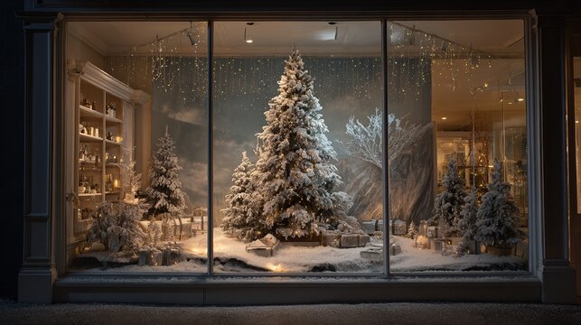 snowy christmas window display