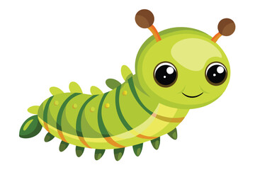 Smiling green cartoon caterpillar with big eyes and tiny feet sits on white background