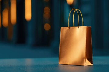 Shiny golden bag stands out against soft blurred background ligh