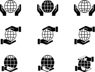 Black and White Globe Support Icon Set Featuring Hands and Earth Symbols for Unity, Environment, Education, and Editorial Design Use
