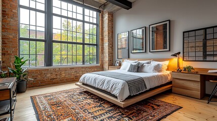Brick wall loft bedroom high resolution picture