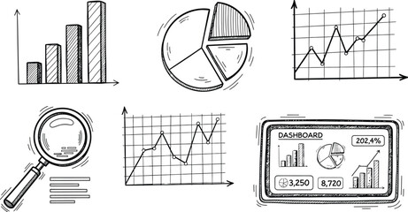 Hand drawn business charts graphs magnifying glass tablet screen vector