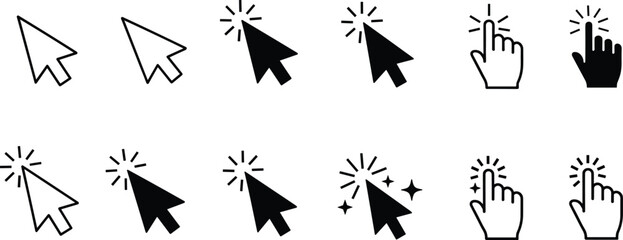 Cursor and Hand Pointer Icon Set Featuring Click Gestures and UI States for Web, App, Interface, and Graphic Design Projects