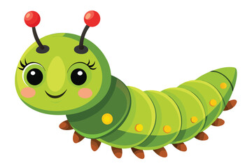 Smiling cartoon green caterpillar with red antennae and cute features crawls on a white backdrop