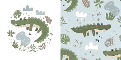 Children's set of poster and seamless pattern with cute crocodiles.