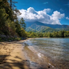 Scenic lake shore with sandy beach and mountains