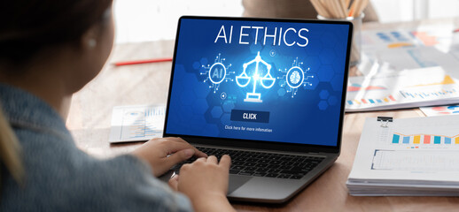 AI ethics responsibility standard law and rules on computer screen provide report of AI ethic...