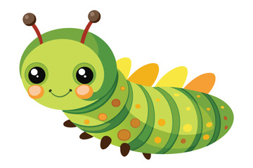Cheerful cartoon caterpillar with yellow wings and brown feet walks across a white space