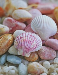 Close-up of colorful seashells and pebbles