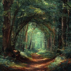 Lush forest path in soft light