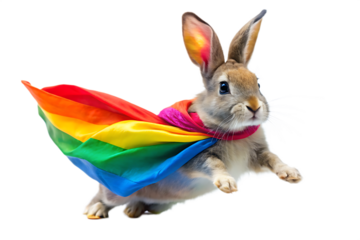 Rabbit Wearing a Rainbow Pride Flag Cape and Pink Collar bunny animal cutout PNG isolated on a transparent background