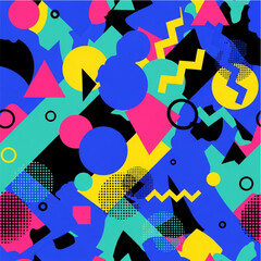 A vibrant and chaotic abstract pattern featuring geometric shapes like triangles, circles, and zigzags in bold colors of blue, yellow, pink, and teal.