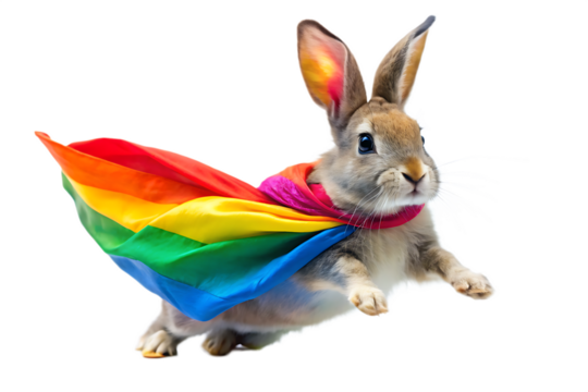 Rabbit Wearing a Rainbow Pride Flag Cape and Pink Collar bunny animal cutout PNG isolated on a transparent background