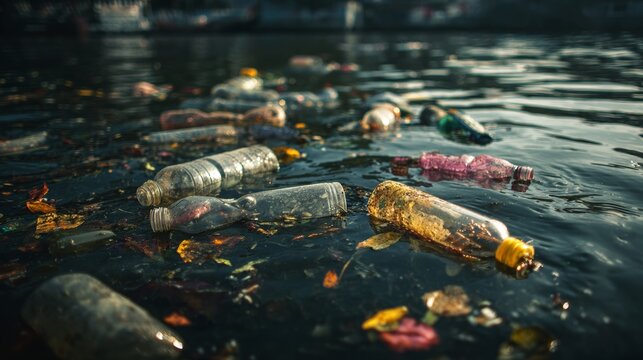 Floating plastic waste in polluted water reflecting environmental crisis
