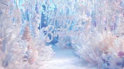 a soft snowy winter wonderland birthday theme with delicate snowflakes and happy birthday in frosty lettering