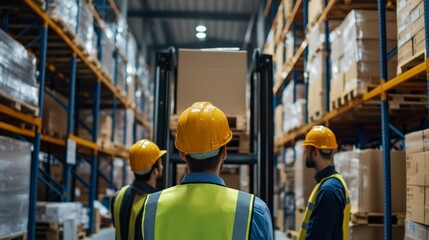 Warehouse operations forklift use in distribution center industrial environment action shot team collaboration