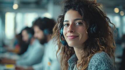 young employee working with a headset and accompanied by her team no logos no brands ar 169