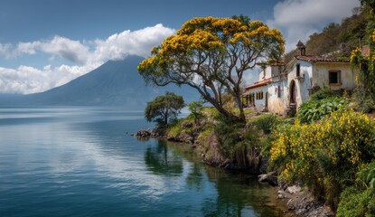 Lakeside cottage under a flowering tree