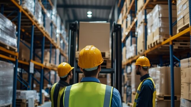 Warehouse operations forklift use in distribution center industrial environment action shot team collaboration