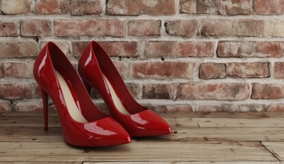 Pair of red high heels on wooden surface against brick wall