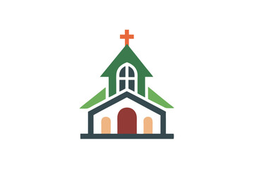 Minimalist church shows red cross atop green pointed roof and arched dark gray window